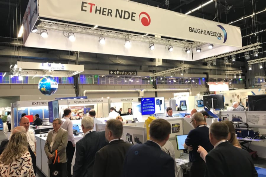 A busy ETher NDE Stand in Gothenburg, ECNDT 2018 Platinum Sponsors.